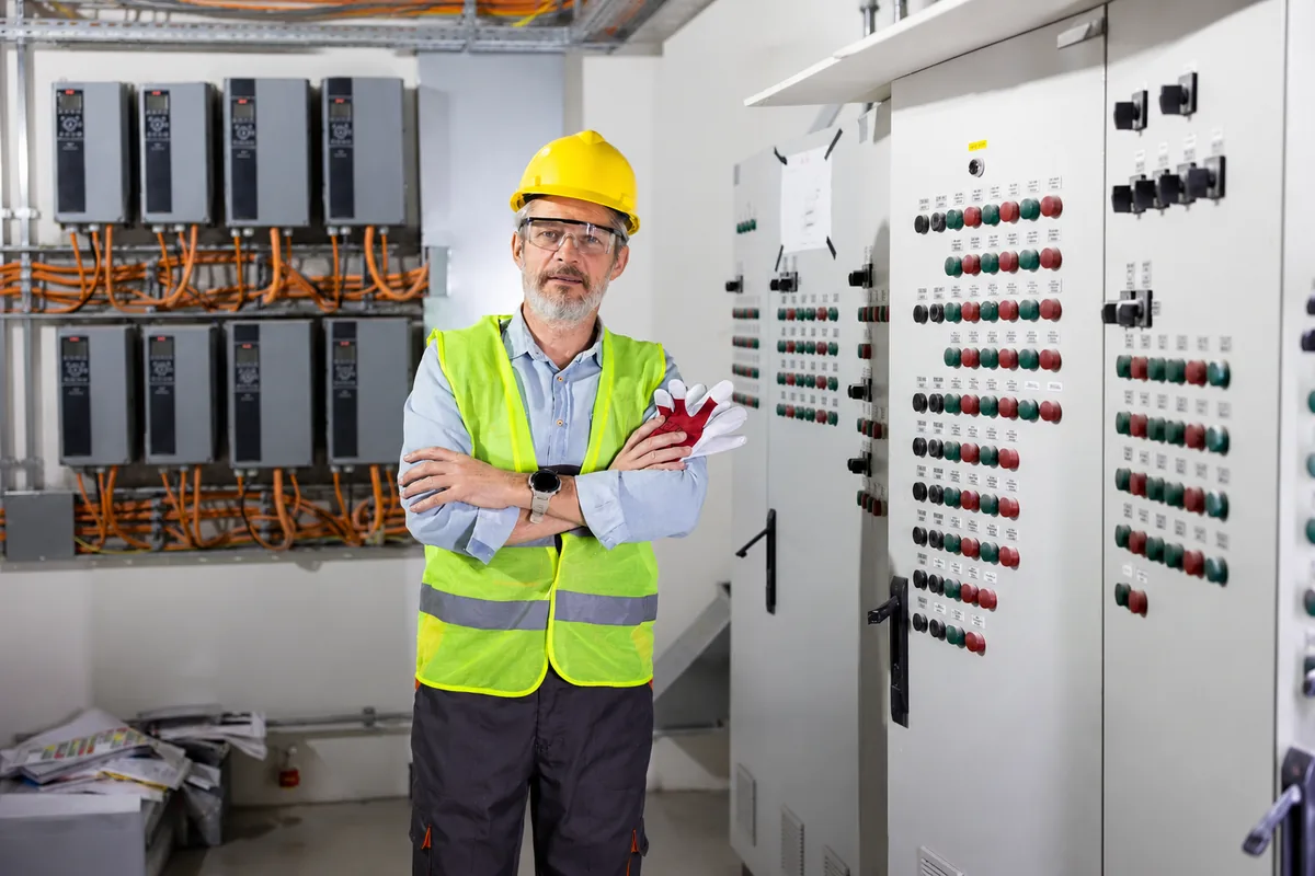 Engineer in a hard hat standing beside an industrial control cabinet with drives and indicator lights