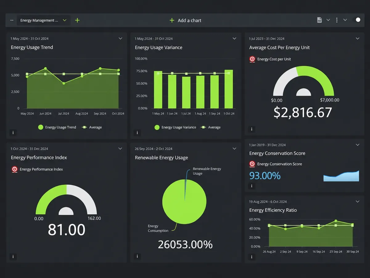 Energy management dashboard with usage charts and efficiency gauges
