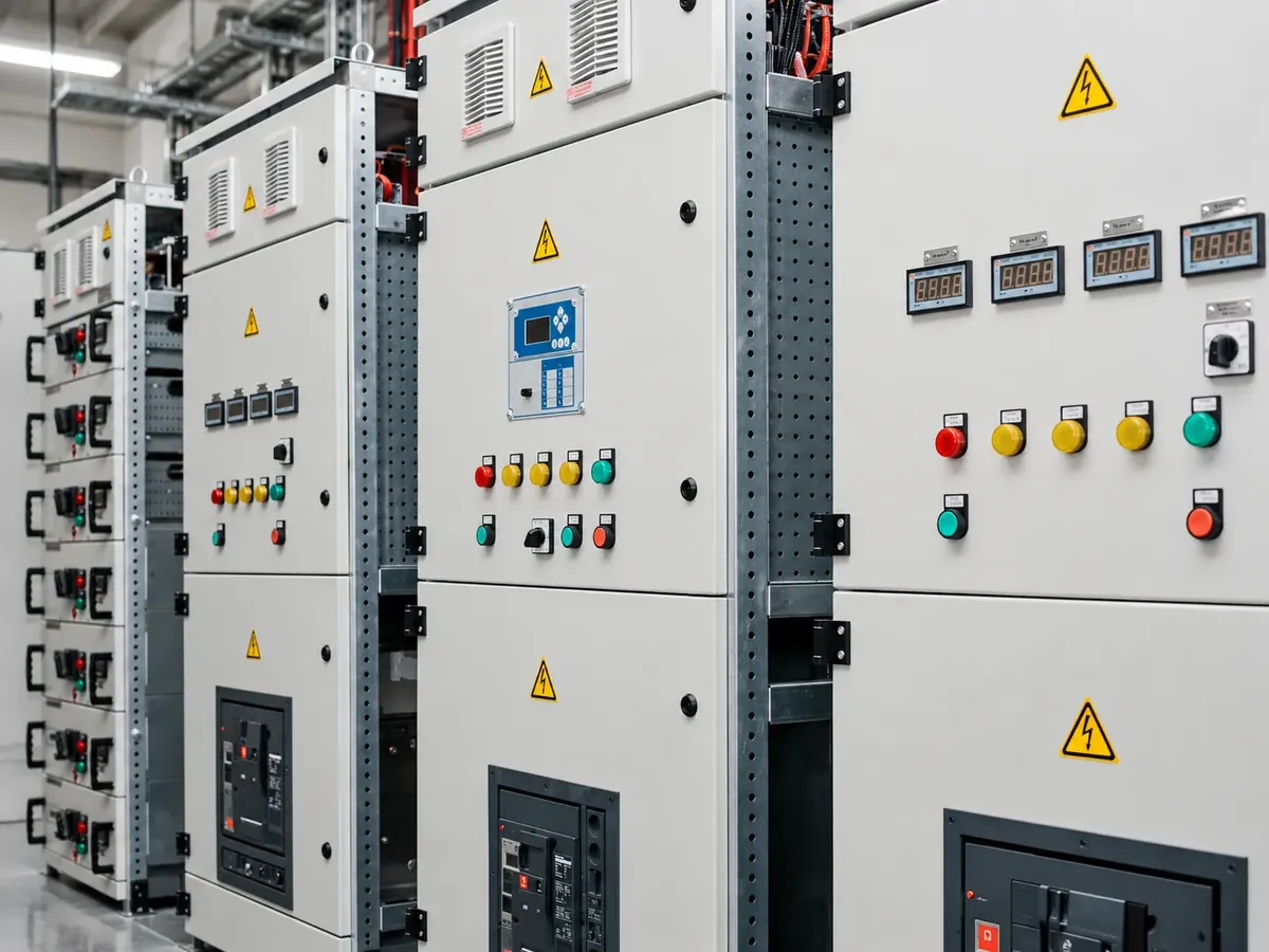 Row of switchgear cabinets with meters and indicator lights